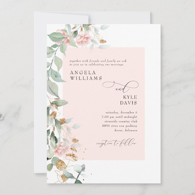 Pink Rose Eucalyptus Wedding   Invitation (Front)