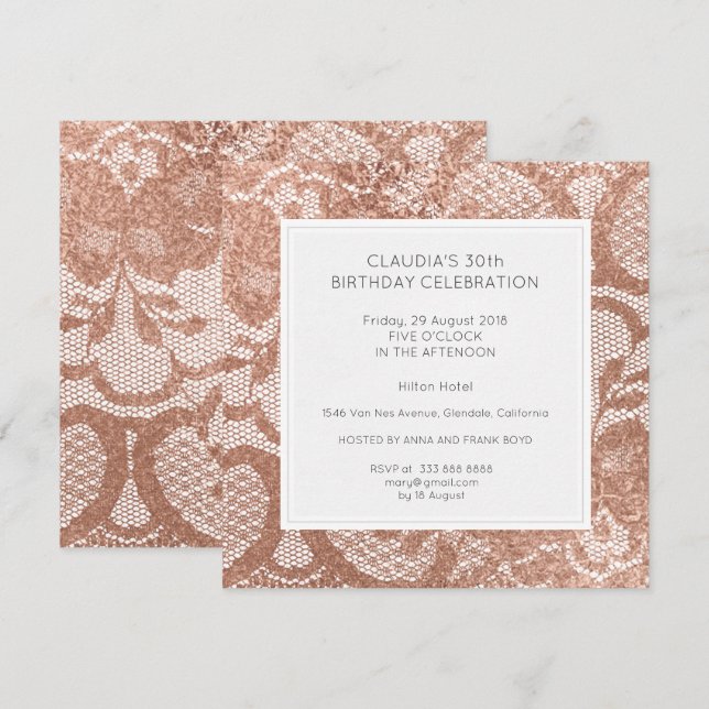 Pink Rose Faux Gold Powder Lace Birthday Party Invitation (Front/Back)