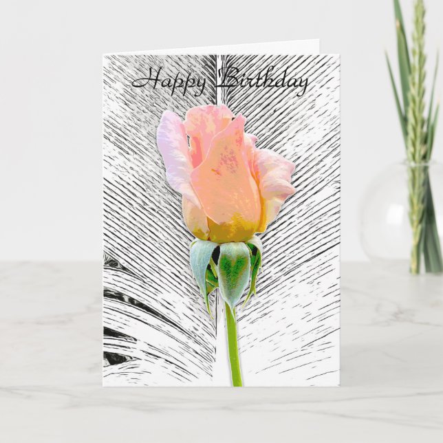 PINK ROSE FEATHER HAPPY BIRTHDAY GREETING CARD (Front)