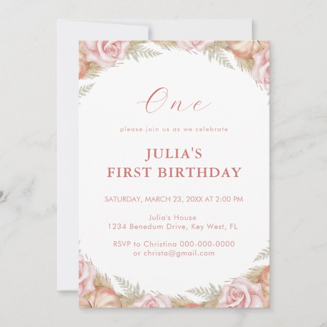 Pink Rose First Birthday  Invitation (Front)