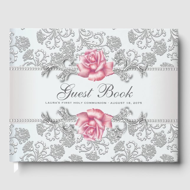 Pink Rose First Communion Baptism Guest Book (Front)