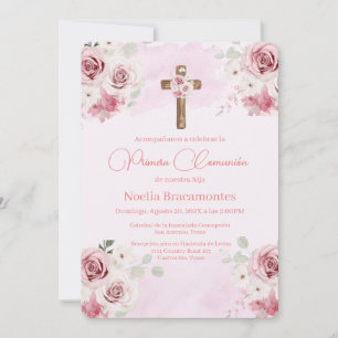 Pink rose first communion invitation in spanish 