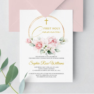 Pink Rose First Holy Communion  Invitation