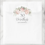 Pink Rose Floral 30th Birthday Classic Round Sticker<br><div class="desc">Beautiful pink roses tucked in sage green leaves decorate the top of this custom 30th birthday sticker. Use it as either a favour sticker or envelope seal. The birthday celebrant's name is written in an elegant script text.</div>