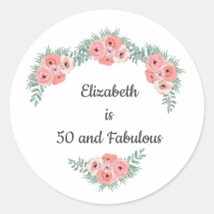 Pink Rose Floral 50 and Fabulous Birthday Classic Round Sticker