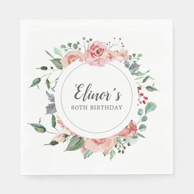 Pink Rose Floral 80th Birthday Thank You Napkin (Front)