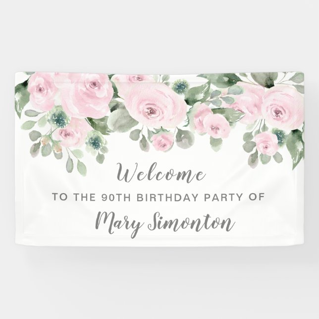 Pink Rose Floral 90th Birthday Party Welcome Banner (Horizontal)