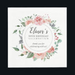 Pink Rose Floral 90th Birthday Thank You Napkin<br><div class="desc">So pretty. Pink roses and deep green leaves create a beautiful floral wreath. The birthday woman's name is written in a modern script font. 90th Birthday Celebration is written in a classic font combination. The thank you sentiment can be personalised. It is written in a pretty script text. A light...</div>