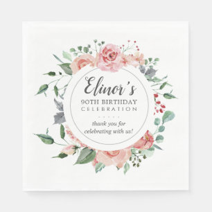 Pink Rose Floral 90th Birthday Thank You Napkin