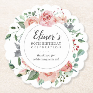 Pink Rose Floral 90th Birthday Thank You Paper Coaster