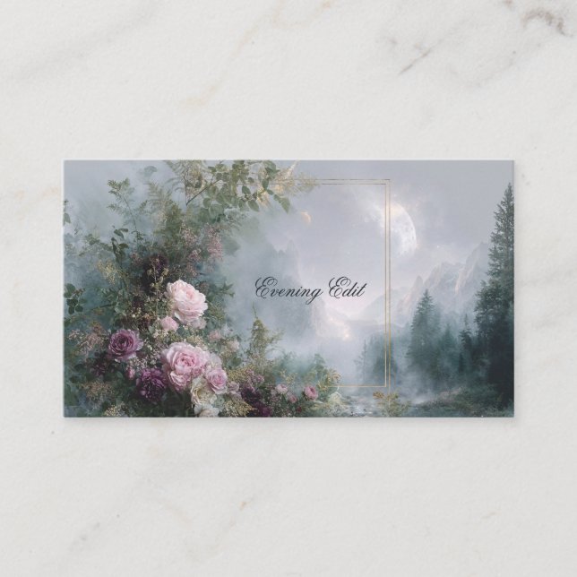 Pink Rose Floral and Celestial Misty Mountain Business Card (Front)