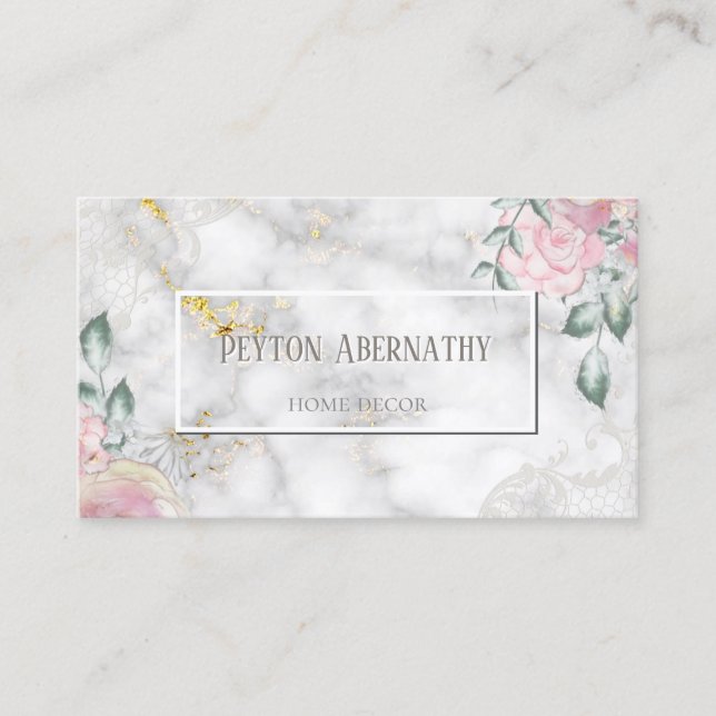 Pink Rose Floral and Gold Marble Home Decor Business Card (Front)
