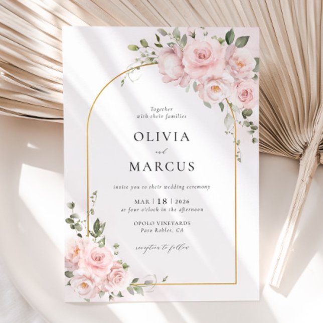 Pink Rose Floral Arch Elegant Wedding Invitation (Invitation Front)