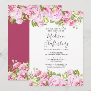 Pink Rose Floral Baptism Christening Invitation