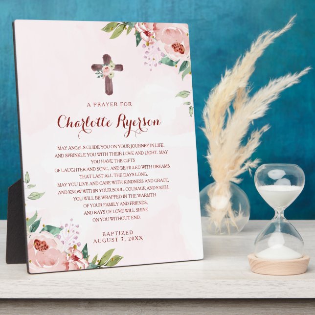Pink Rose Floral Baptism Prayer Sign Plaque (Side)