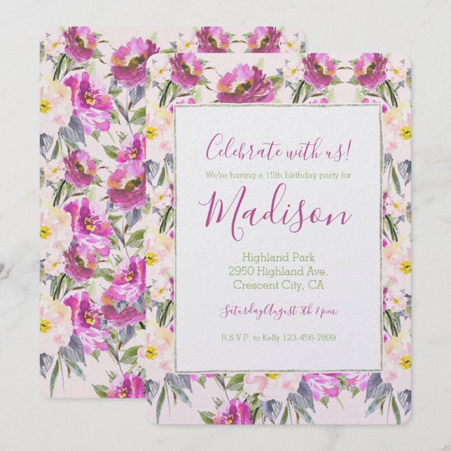 Pink Rose Floral Birthday Invitation (Front/Back)