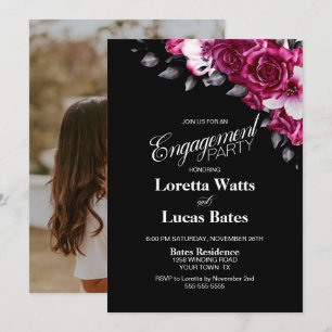 Pink Rose Floral Black Engagement Party Photo Invitation
