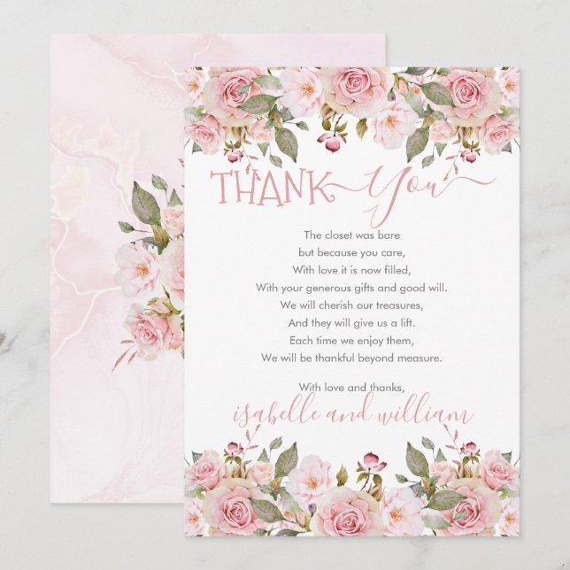 Pink Rose Floral Blooms Baby Shower Thank You Card (Front/Back)