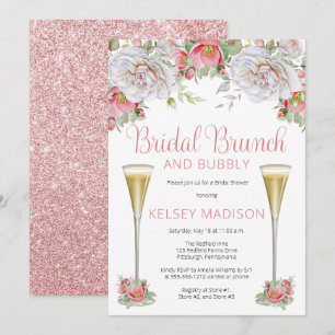 Pink Rose Floral Blooms Bridal Brunch and Bubbly I Invitation
