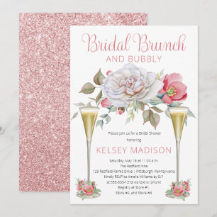 Pink Rose Floral Blooms Bridal Brunch and Bubbly Invitation