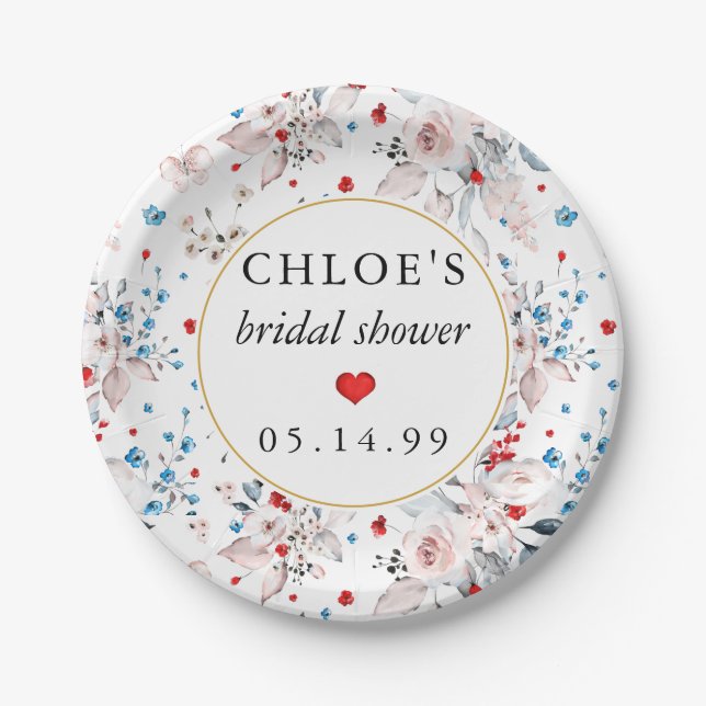 Pink Rose Floral Blue Flowers Bridal Shower Paper Plate (Front)