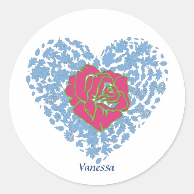 Pink Rose Floral Blue Heart Valentine's Day Custom Classic Round Sticker (Front)