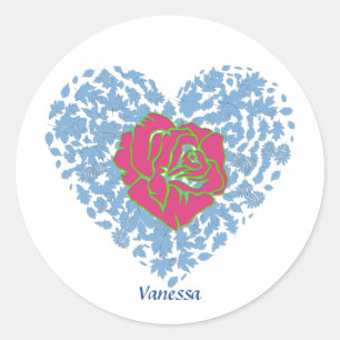 Pink Rose Floral Blue Heart Valentine's Day Custom Classic Round Sticker