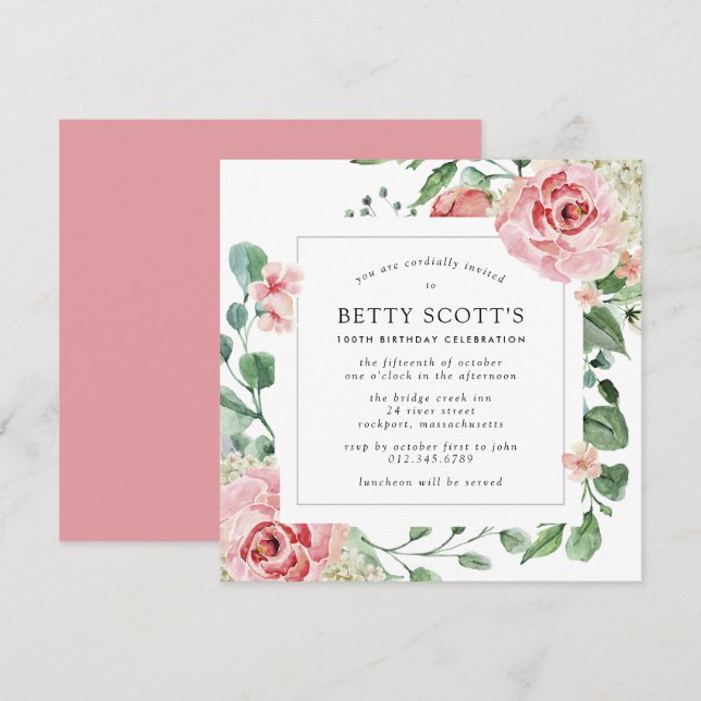 Pink Rose Floral Botanical 100th Birthday Party Invitation (Front/Back)