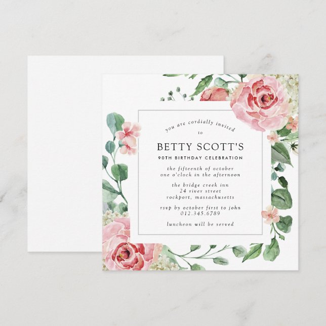 Pink Rose Floral Botanical 90th Birthday Party Invitation (Front/Back)