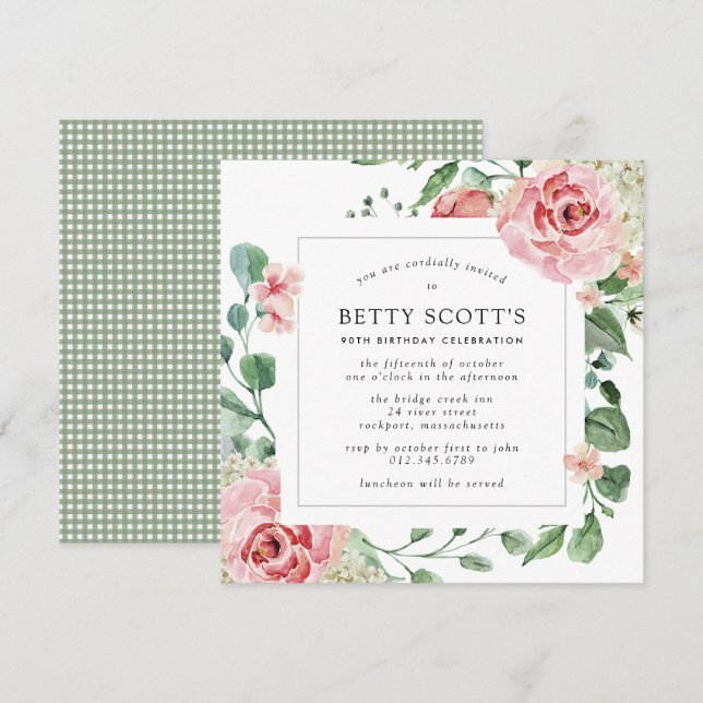 Pink Rose Floral Botanical 90th Birthday Party Invitation (Front/Back)