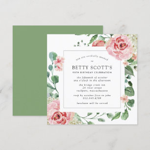 Pink Rose Floral Botanical 90th Birthday Party Invitation