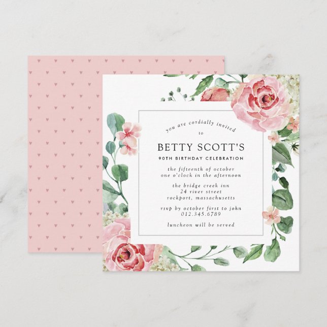 Pink Rose Floral Botanical 90th Birthday Party Invitation (Front/Back)