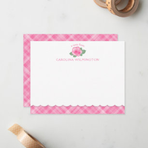 Pink Rose Floral Botanical Preppy Plaid Scallop Card