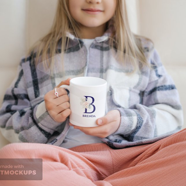 Pink rose floral bouquet blue monogram mug (Creator Uploaded)