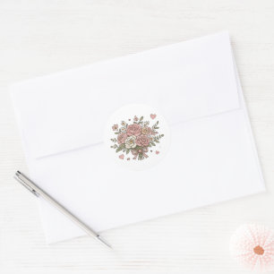 Pink Rose Floral Bouquet Tied with Ribbon Classic Round Sticker
