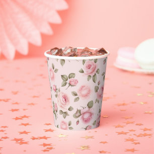Pink Rose Floral Bridal Shower Paper Cups