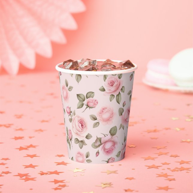 Pink Rose Floral Bridal Shower Paper Cups (Insitu)