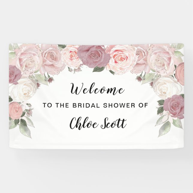 Pink Rose Floral Bridal Shower Welcome Banner (Horizontal)