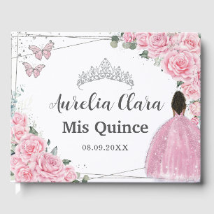 Pink Rose Floral Brown Princess Silver QUINCEAÑERA Guest Book