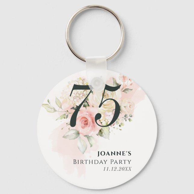 Pink Rose Floral Bunch 75th Birthday Party Key Ring (Front)