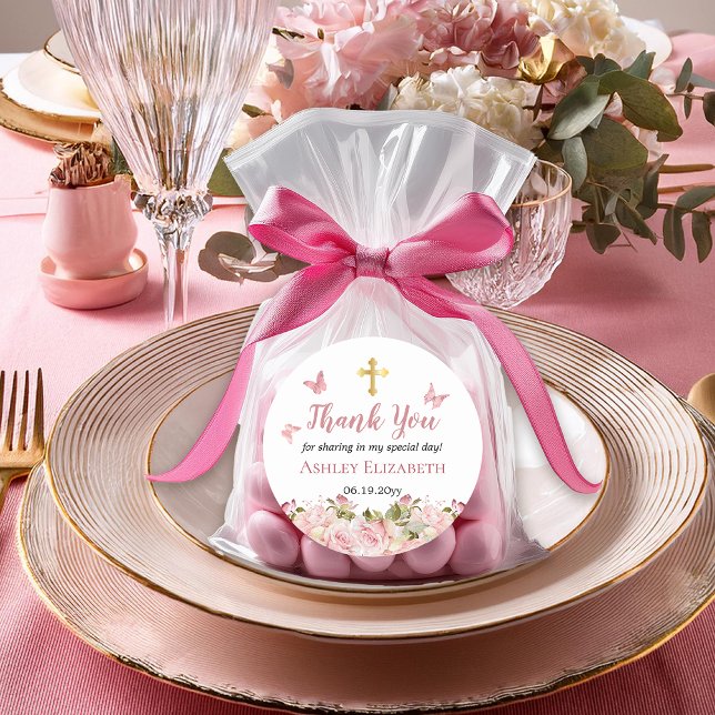Pink Rose Floral |Butterflies Gold Cross Thank You Classic Round Sticker (Pink Rose Floral and Pink Butterflies | Gold Tone Trinity Cross First Holy Communion Favor Stickers)
