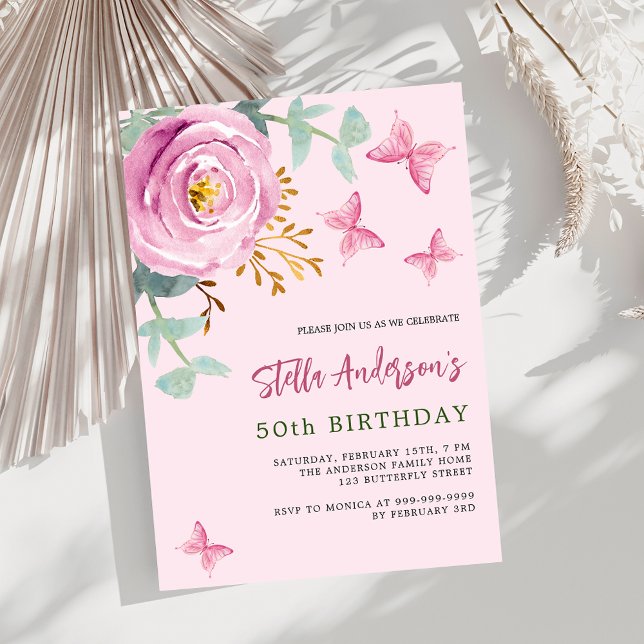 Pink rose floral butterfly greenry luxury birthday invitation (Creator Uploaded)
