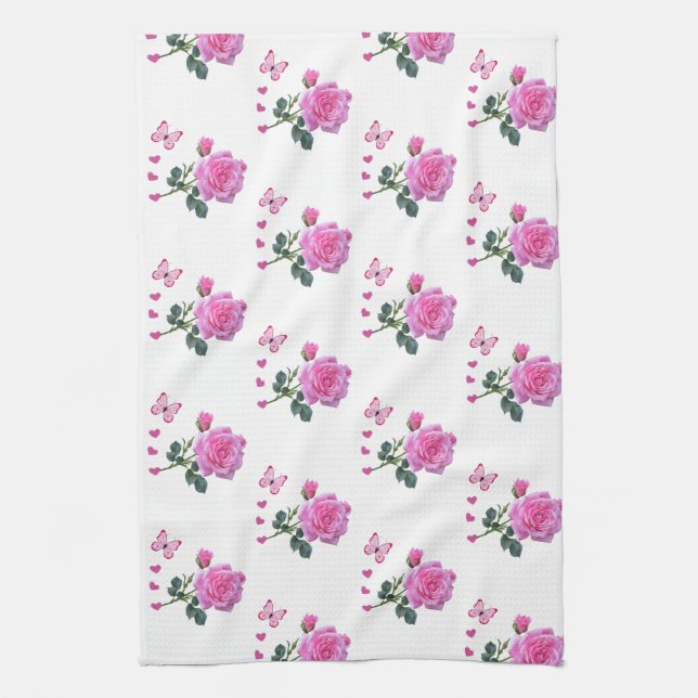 Pink Rose Floral Butterfly Hearts  Hand Towel (Vertical)