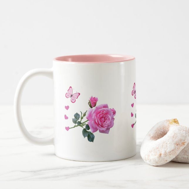 Pink Rose Floral Butterfly Hearts  Mug (With Donut)