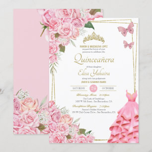 Pink Rose Floral Butterfly Quinceanera Celebration Invitation