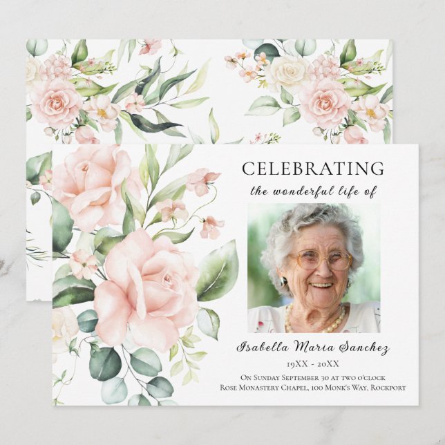 Pink Rose Floral Celebration of Life Photo Invitation (Front/Back)