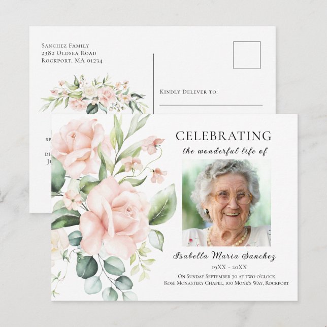 Pink Rose Floral Celebration of Life Photo Postcard (Front/Back)