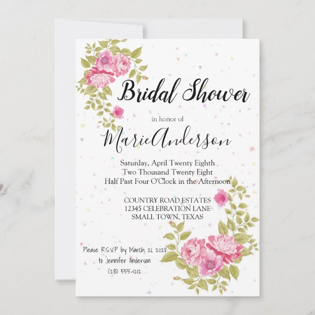 Pink Rose Floral Confetti Shower Invitation (Front)
