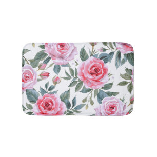 Pink Rose Floral Cottagecore Watercolor Pattern Bath Mat