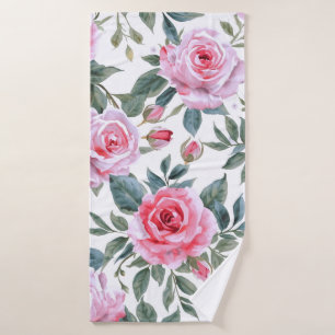 Pink Rose Floral Cottagecore Watercolor Pattern Bath Towel